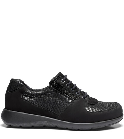 new feet damesko med lynlås og snøre, stræktekstil, sort