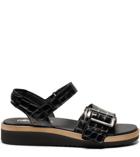 new feet sandal med velcro og spænde, præget læder, sort