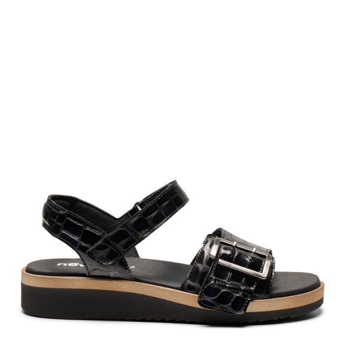 new feet damesandal med velcro og spænde, præget læder, sort