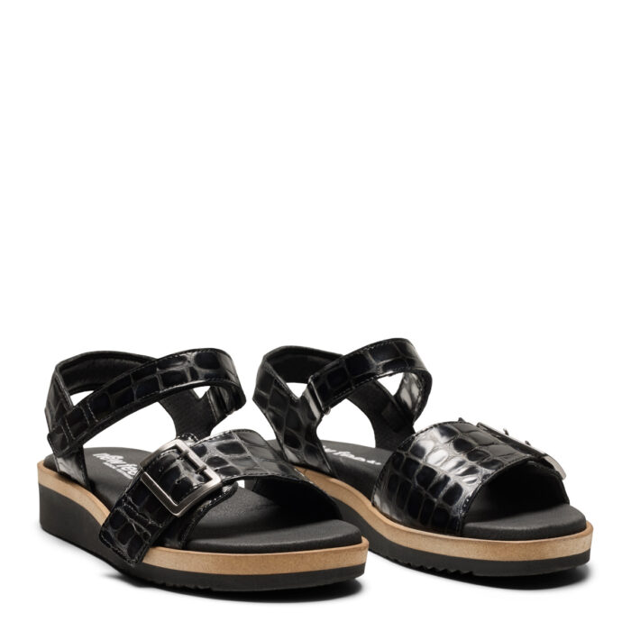 new feet sandal med velcro og spænde, præget læder, sort - Image 2