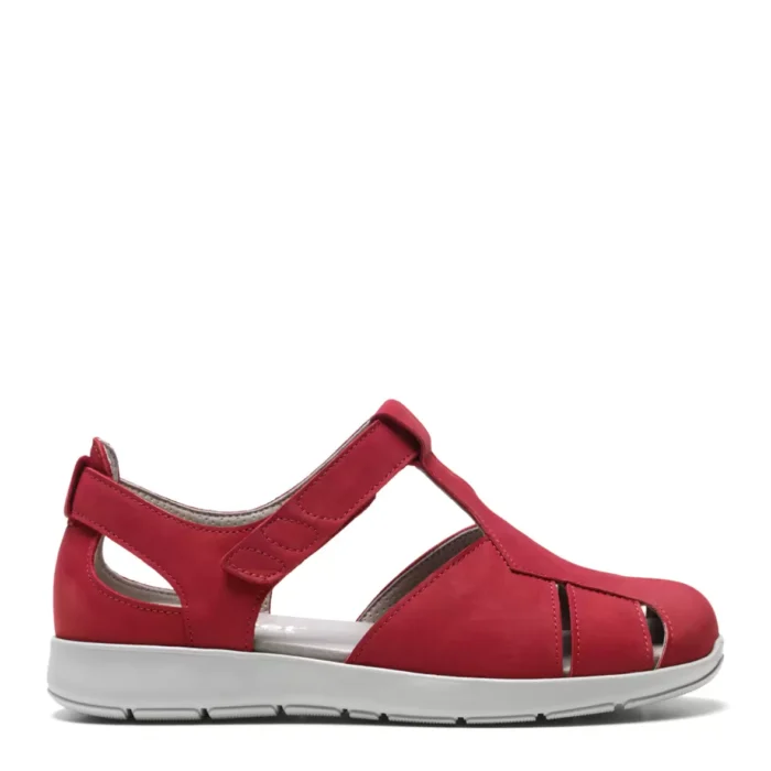 new feet lukket damesandal med velcrorem, nubuck, rød